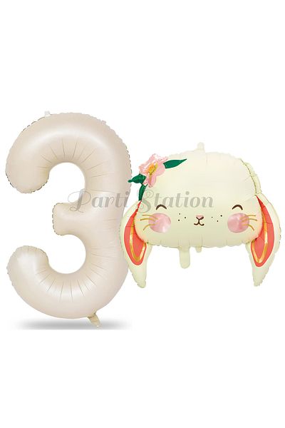 Parti Station 3 Year Old Rabbit Cute Balloon Set - Woodland Animals Concept, Cream Color