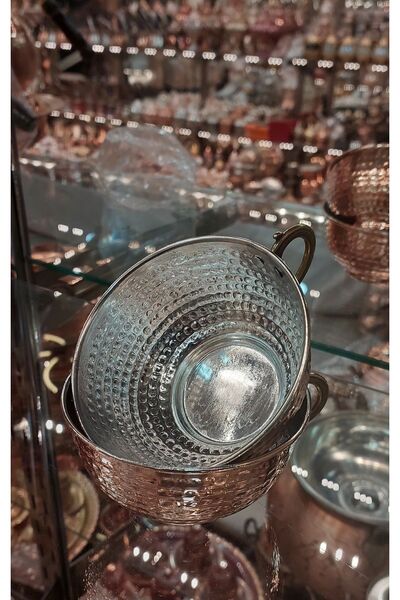 Bakır Center Copper Ayran Cup Copper Cup Copper Water Cup Set with 2 Large Size Handles