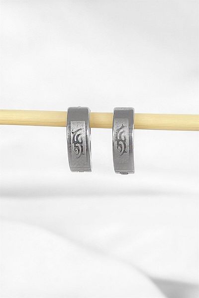 miso aksesuar takı misotrend Unisex Tribal Patterned Silver Hoop EarrinGs - Pair