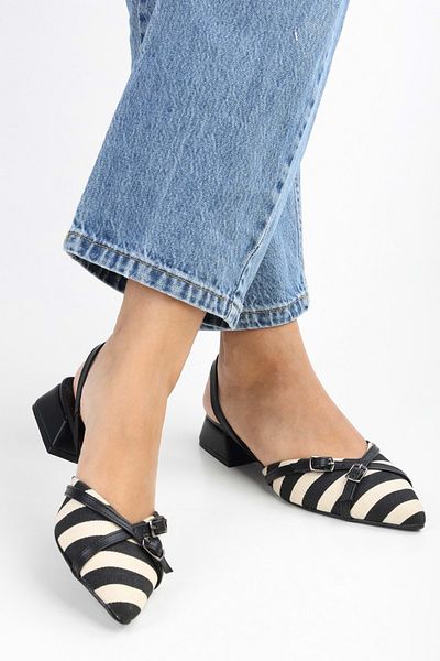 Shoeberry Ciao Damen Ballerinas mit Schnalle und Streifen aus schwarzem Leinen