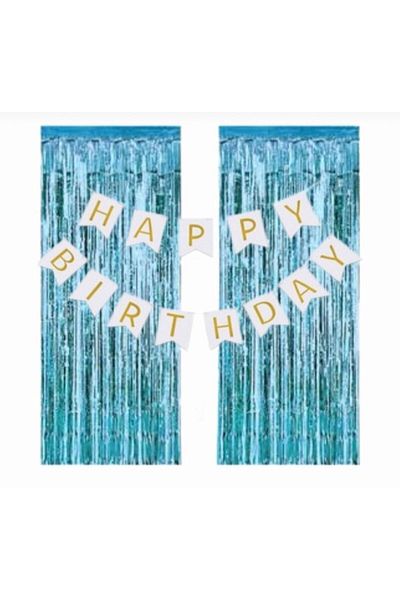 Deniz Party Store 2 Pieces Happy Birthday Curtain Set with Blue Metallized and White Gold Leaves