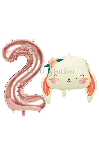 Parti Station 2 Years Old Rabbit Balloon Set - Woodland Animals Concept, Cute and Rosegold Colored Number Balloon