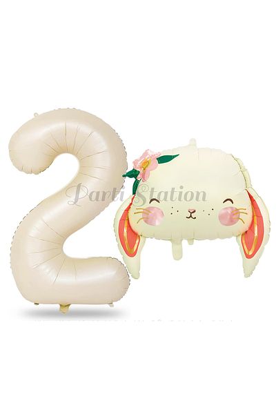 Parti Station 2 Years Old Rabbit Balloon Set - Woodland Animals Concept, Cute and Cream Color Number Balloon