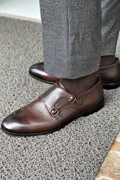 NAZEF Neolit Sole Double Buckle Detailed Brown Leather Shoes