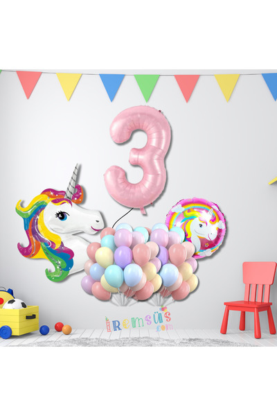 mypartyready 3 Yaş Doğum Günü Partisi Unicorn Konsept Folyo Helym Balon Süsle...