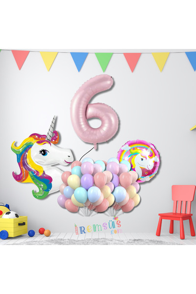 mypartyready 6 Yaş Doğum Günü Partisi Unicorn Konsept Folyo Helym Balon Süsle...