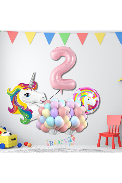 mypartyready 2 Yaş Doğum Günü Partisi Unicorn Konsept Folyo Helym Balon Süsle...