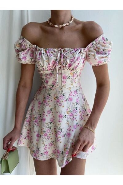 BABILLCO Mini Önü Bağlamalı Çiçekli Elbise Bej