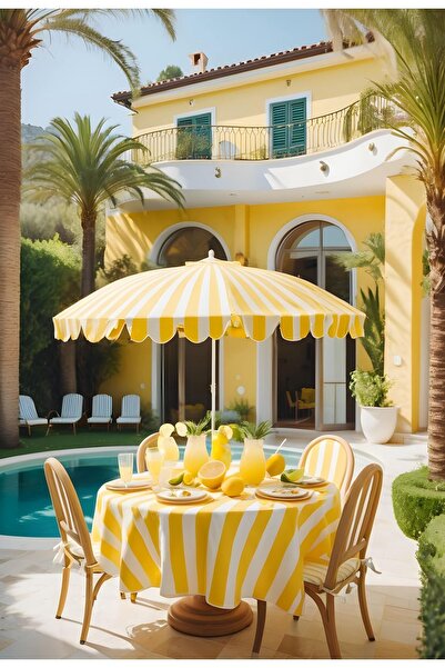 Helen George Sarı Çizgili Yuvarlak Masa Örtüsü 160 Cm