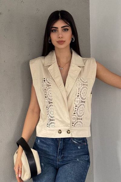 fehika Beige Embroidery Cotton Lace Women's Vest - Laced Design