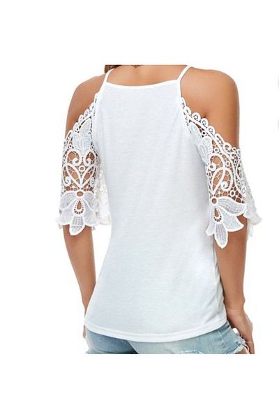 ARDSU Women's Lace Half Sleeve V-Neck Hollow Out Blouse
