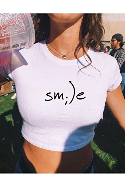 BİQ & TAQ BUTİK Y2k Чорний Smile з написом Жіночий візерунок Білий Crop Body