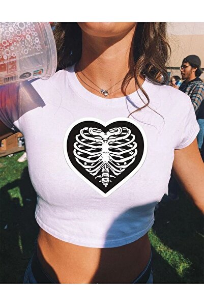 BİQ & TAQ BUTİK Y2k Чорний Серце Ребра Білий Кроп Боді