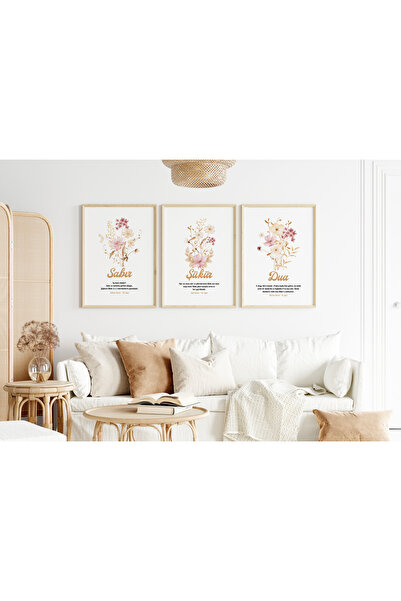 Efsa Sanat Tasarım Çerçeveli Kırçiçekli 3'lü İslami Tablo Seti - Sabır Şükür Dua Ayetli Tablo  - İslami Modern Tablo