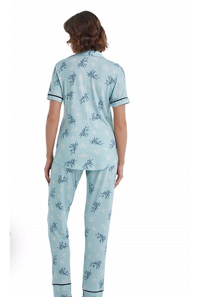 Blackspade Women's Short Sleeve Shirt Collar Pajamas Set- 51411-Light Green