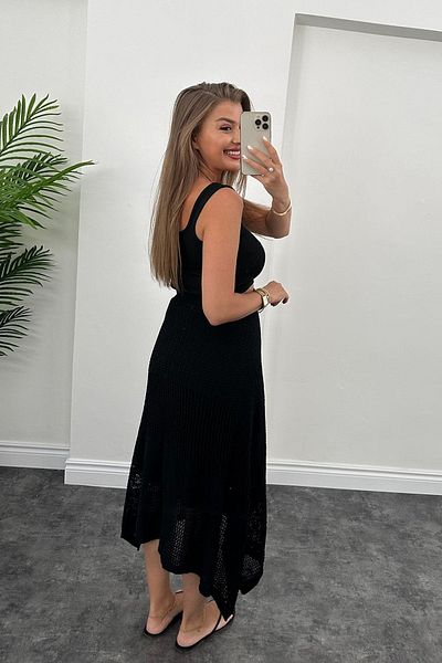 Didem Butik Negru cu croială asimetrică - Tricotaj ajurat Fusta midi Fusta lungă evazată de iarnă cu căptușeală interioară