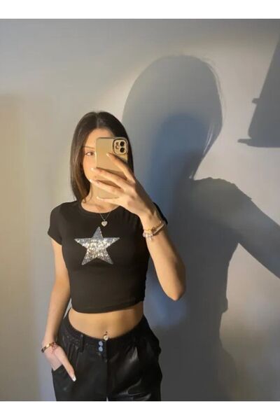 1blood Siyah Pullu Star Yıldız Model Kadın Crop