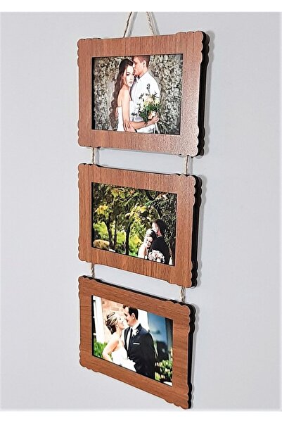 Bilge Lazer Bilge Ahşap 3'lü 10x15 Cm Hasır Ipli Fotoğraf Askılık Yatay- Renk...