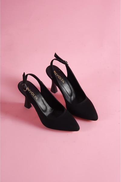 DİVOLYA Rozalinda Black Suede - Pointed Daily Heeled Shoes