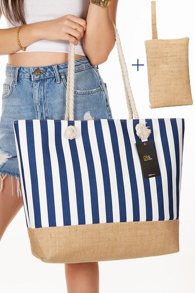 LOOP DESIGN Női szalmatáska Juta szövet puha fogantyús strandtáska (sminktáskával)