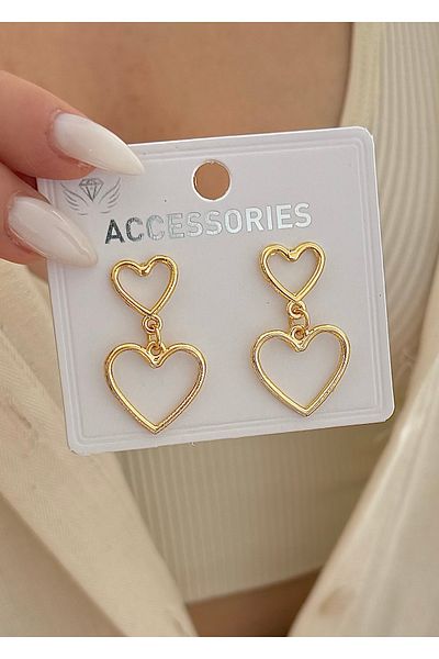 takıtarzım Double Heart Gold Dangle Earrings