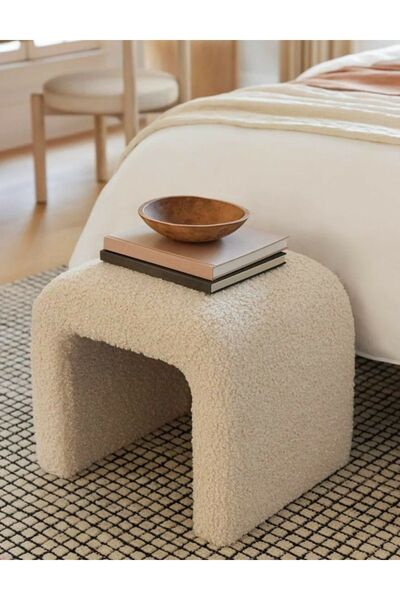 ERİZA Arch modern puf bench (Ekru) Teddy kumaş, 55x45x45 cm