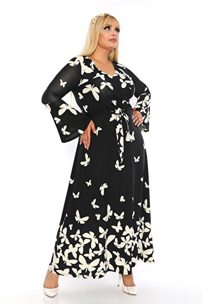 Hazinedan فستان أسود بطبعة فراشة وياقة مزدوجة الصدر مقاس كبير