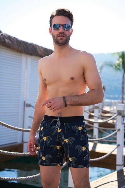 Deafox Ανδρικό σορτς κολύμβησης Navy Blue - Μοτίβο με φοίνικες