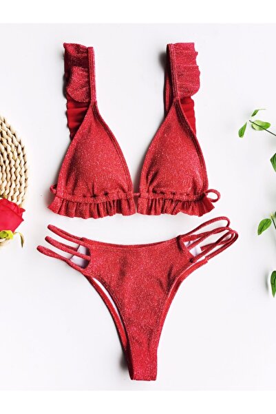 Vie Swimwear Mare Fırfırlı Pencere Detaylı Bikini Takımı Nar Çiçeği