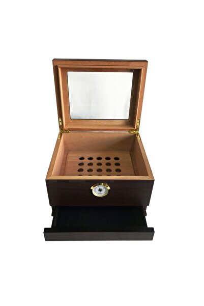 Sikarlan Cedar Camlı Çekmeceli Puro Kutusu Humidor Kahve 40s