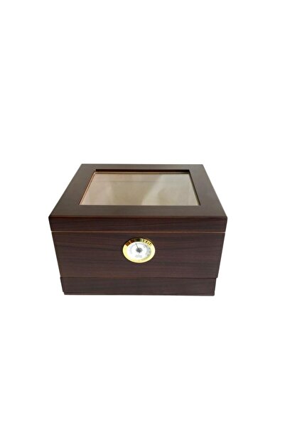Sikarlan Cedar Camlı Çekmeceli Puro Kutusu Humidor Kahve 40s