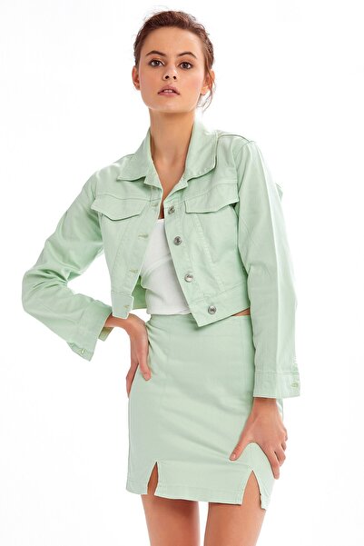 SUPER FASHION CLUB Parça Boya Crop Dokuma Mint Yeşili Kısa Ceket