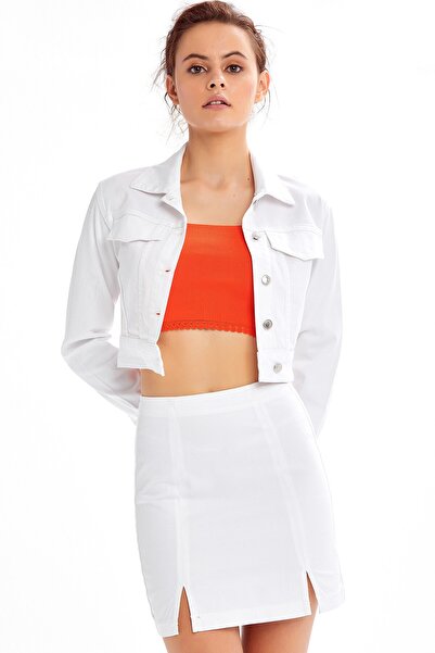 SUPER FASHION CLUB Parça Boya Crop Dokuma Beyaz Kısa Ceket