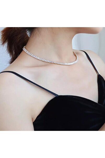 FEY AKSESUAR Kadın Gold Zirkon Baget Taşlı Su Yolu Choker Kolye