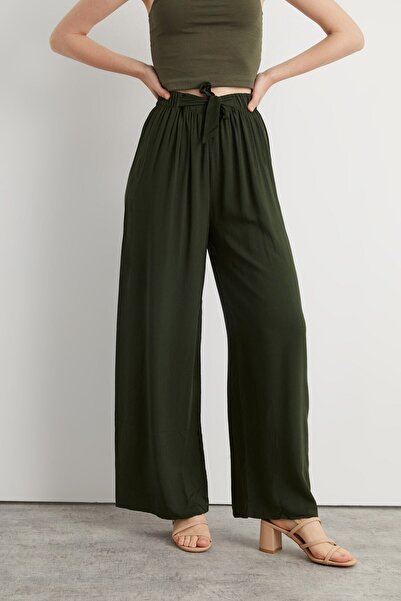 Bukamiss Kadın Haki Viskon Dokuma Pantolon