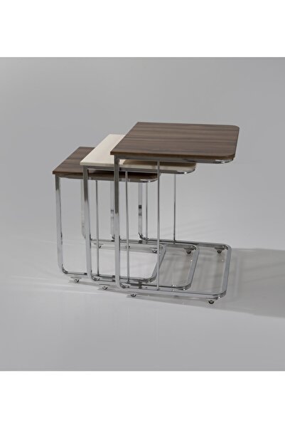 Veys Sehpa 3 Lü Vegas Zigon Sehpa Ceviz - Krem - Ceviz - Nikel Ayak - Tekerlekli