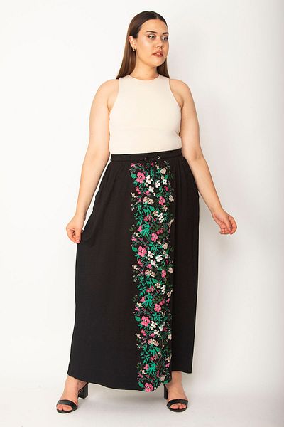 Şans Women's Black Waist Eyelet Lacing and Elastic Front and Back Middle Pattern Combination Skirt 65N26983