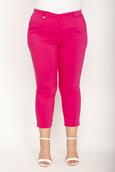 Şans Women's Large Size Fuchsia Classic Fabric Trousers with Side Pockets and Leg Slits 65n27003