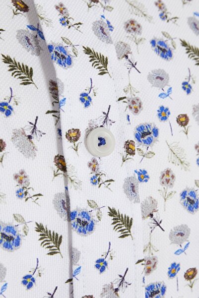 Hatemoğlu Beyaz Slim Fit Baskılı 100% Pamuk Düğmeli Yaka Uzun Kollu Casual Gömlek
