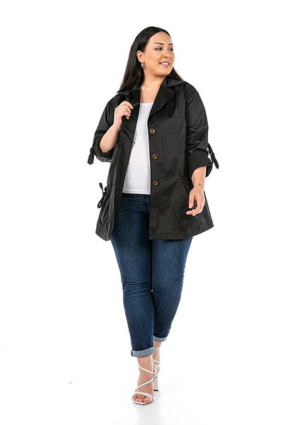 DISENTIS MODEST Black Trench Coat with Mono Collar, Folded Sleeves and Drawstring Detail