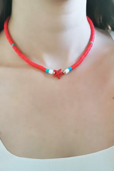 Silver Bazaar Gümüş Rose Toplu Renkli Fimo Ve Deniz Yıldızlı Kırmızı Kolye