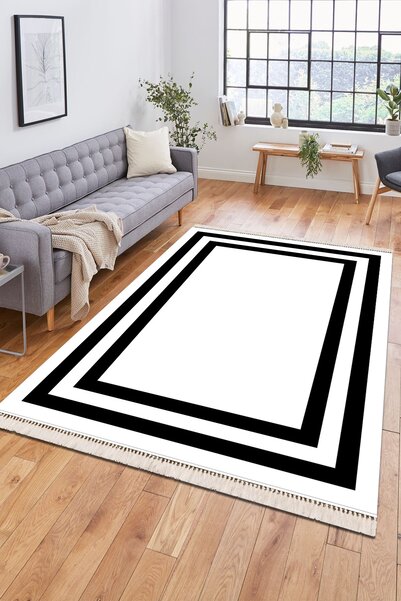 Modern home Modern Çerçeve Detaylı Püsküllü Dijital Baskı Kaymaz Taban Antiba...