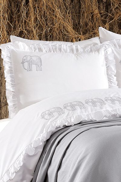 Minelya Home Collection Σετ κρεβατιού 7 τεμαχίων με μοτίβο ελέφαντα, βολάν και πικέ κάλυμμα Amazon διπλό βαμβακερό γκρι σετ κρεβατιού