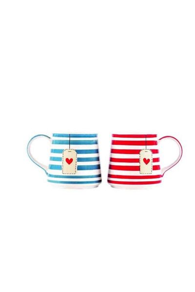 Paşabahçe 2 Pieces Blue Red Porcelain Mug with Heart 350cc