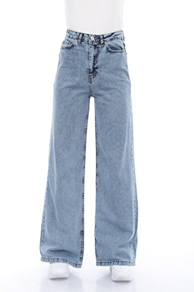 Ramrod Kadın Mavi Kar Yıkamalı Likralı Süper Yüksek Bel Jean Salaş Geniş Paça...