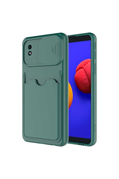 Fibaks Galaxy A01 Core Kılıf Slayt Sürgülü Kamera Korumalı Arkası Kartlıklı Kart Bölmeli Pastel Renkli