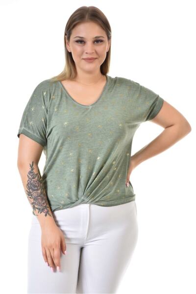 Seamoda V Neck Palm Tree Printed Front Knotted Oil Wash Tshirt Green