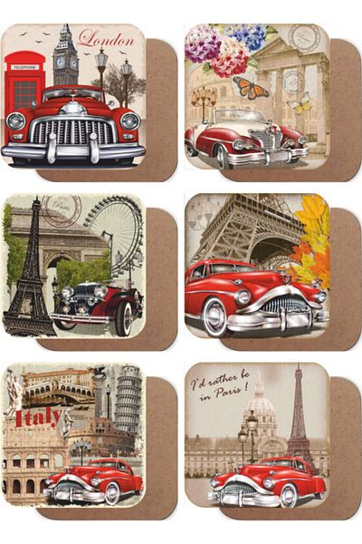 Hayat Poster London Paris Rome Classic Cars Set of 6 Wooden Coasters