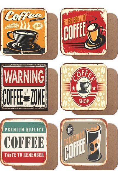 Hayat Poster Coffee Themed Vintage Wooden Coasters Set