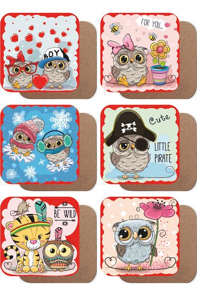 Hayat Poster Delightful Owls Set of 6 Wooden Coasters